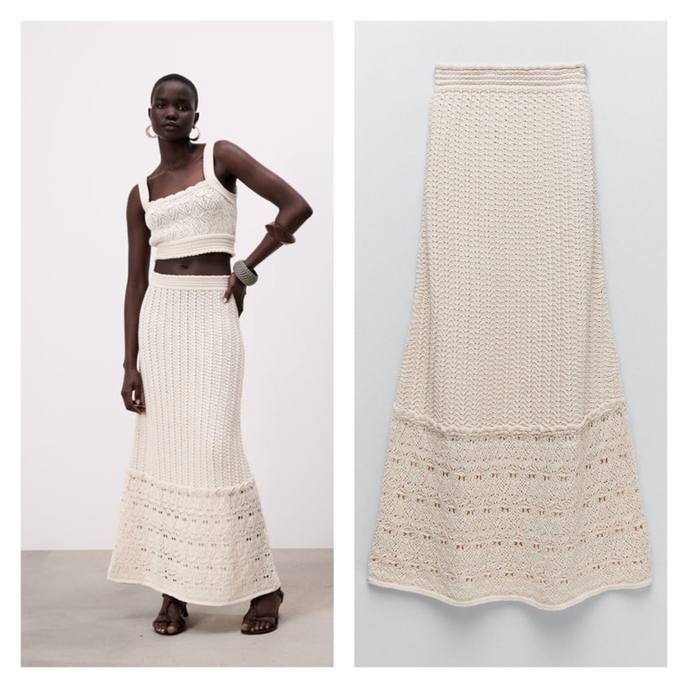 Zara Openwork High Waisted Knit Crocket Skirt in Ecru Size Medium NWT